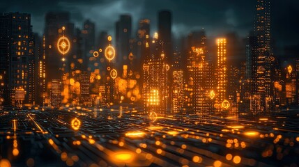 Poster - Futuristic Cityscape Illuminated with Digital Interfaces