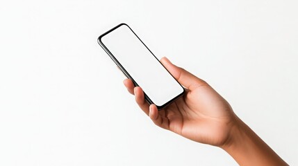 a hand holding a cell phone with a white background
