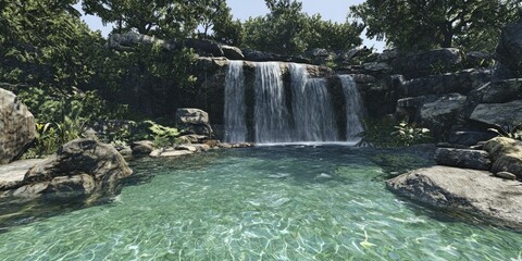 Sticker - A tranquil scene of a waterfall cascading into a crystal-clear pool.