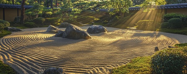 Poster - Tranquil zen garden features meticulously raked sand and an elegant stone centerpiece, inviting contemplation and peace.