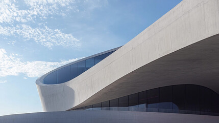 Poster - Modern architectural design with sweeping curves against a blue sky. Generative AI