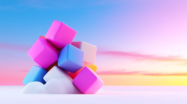 Colorful Cubes on Cloud at Sunset