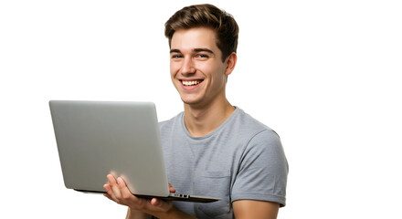 Fototapete - a young man smiling an holding laptop on transparent background, man with laptop png