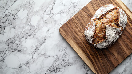 Wall Mural - Top view of brown whole grain wheat bread food loaf placed on wooden cutting board on marble kitchen table, copy space. fresh organic natural and healthy bakery meal, dark cereal, homemade delicious.