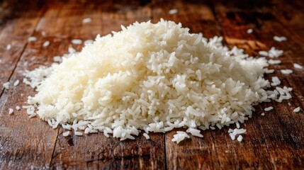 Cooked rice pile, wooden background, food photography, recipe