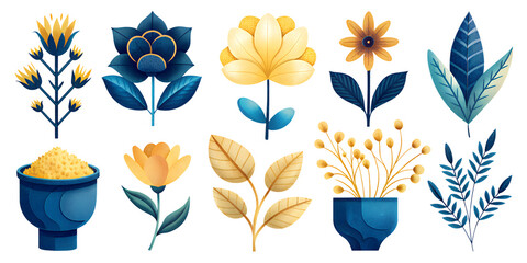 Wall Mural - Floral design elements featuring blue and yellow flowers and leaves arranged in a harmonious pattern for decorative use  PNG  transparent