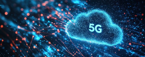 Poster - Digital 5G communication cloud with data connections and glowing particles