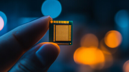 Poster - A microchip held delicately between two fingers, representing precision, innovation, and the future of technology, with a blurred background evoking chaos and contrast
