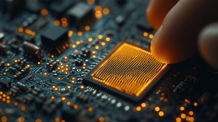 Poster - A microchip held delicately between two fingers, representing precision, innovation, and the future of technology, with a blurred background evoking chaos and contrast
