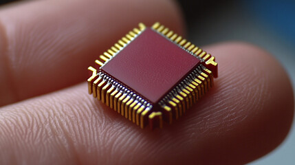 Poster - A microchip held delicately between two fingers, representing precision, innovation, and the future of technology, with a blurred background evoking chaos and contrast
