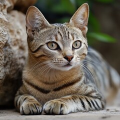 Wall Mural - A tabby cat rests outdoors. AI.