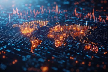 Poster - A digital world map overlayed with stock market and financial indicators