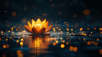 Wall Mural - Glowing lotus floating, dark water, bokeh, serenity, meditation