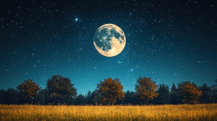 Wall Mural - Full moon over field, starry night, trees, autumn