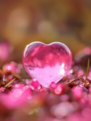 Wall Mural - A pink heart rests in a field of pink blossoms. AI.