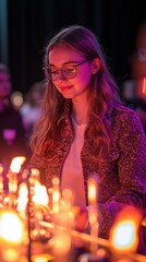 Poster - Girl looking at a glowing column. AI.