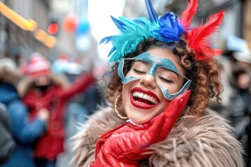 Joyful hispanic female young adult celebrates at a vibrant street carnival