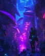 © BARETH - Scuba diver exploring glowing bioluminescent cave with colorful alien-like organisms underwater adventure scene