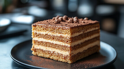 Wall Mural - A delicious piece of tiramisu cake with layers of coffee-soaked ladyfingers and creamy mascarpone served on a black plate with blurred background and caption space on the side
