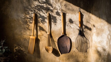 Wooden Kitchen Utensils Hanging on a Wall