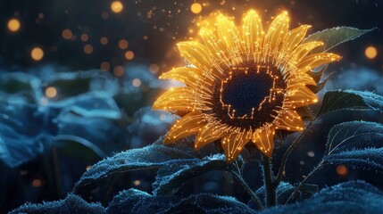 Wall Mural - Glowing sunflower in frosty field at night.