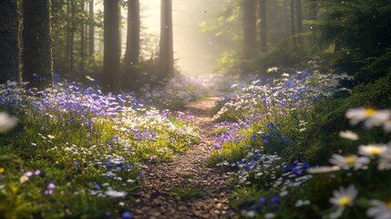 Sticker - Sunlit forest path with wildflowers.