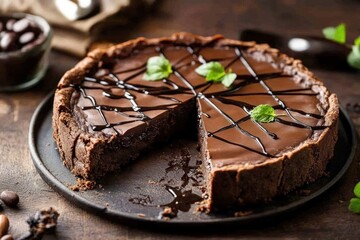 Chocolate tart, sliced, kitchen, cocoa beans, dessert recipe