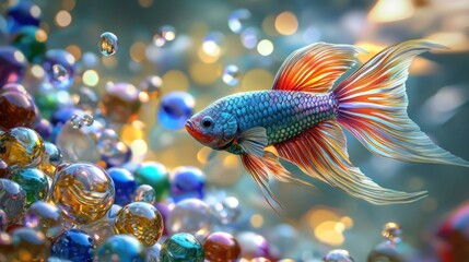 Canvas Print - Vibrant betta fish swims among colorful glass marbles and bubbles.