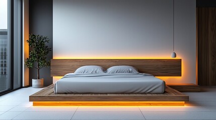 Poster - Modern bedroom with wooden platform bed and warm LED lighting.