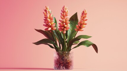 Wall Mural - Three coral-pink ginger flowers in a clear glass vase against a pink background.