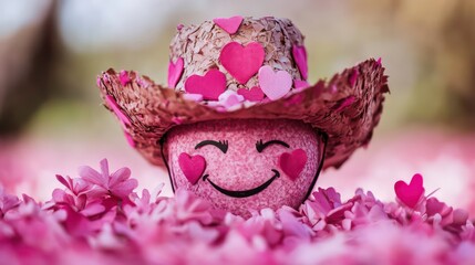 Poster - Happy pink emoji wearing a cowboy hat adorned with pink hearts, surrounded by pink petals.
