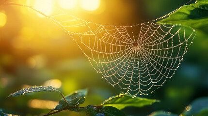 A spiderweb adorned with dew in the soft glow of early morning light, symbolizing fragile ecosystems, nature’s intricate beauty, and the delicate balance of life in a serene, blurred backdrop.

