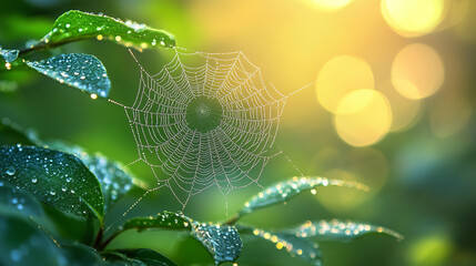 A spiderweb adorned with dew in the soft glow of early morning light, symbolizing fragile ecosystems, nature’s intricate beauty, and the delicate balance of life in a serene, blurred backdrop.


