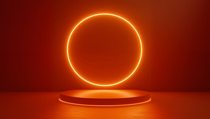 Elegant glowing orange neon circle and podium with neon lighting on soft gradient background for futuristic design concepts