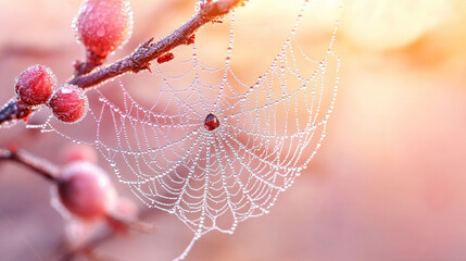 A spiderweb adorned with dew in the soft glow of early morning light, symbolizing fragile ecosystems, nature’s intricate beauty, and the delicate balance of life in a serene, blurred backdrop.

