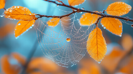 A spiderweb adorned with dew in the soft glow of early morning light, symbolizing fragile ecosystems, nature’s intricate beauty, and the delicate balance of life in a serene, blurred backdrop.

