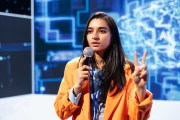 Poster - Specialist talking in mic at technology summit, explaining impact of AI technology on world. Speaker presenting ethical practices and understanding of risks and threats associated with AI