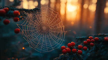 A spiderweb adorned with dew in the soft glow of early morning light, symbolizing fragile ecosystems, nature’s intricate beauty, and the delicate balance of life in a serene, blurred backdrop.

