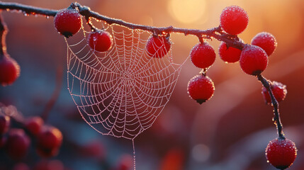 A spiderweb adorned with dew in the soft glow of early morning light, symbolizing fragile ecosystems, nature’s intricate beauty, and the delicate balance of life in a serene, blurred backdrop.

