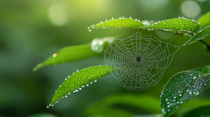 A spiderweb adorned with dew in the soft glow of early morning light, symbolizing fragile ecosystems, nature’s intricate beauty, and the delicate balance of life in a serene, blurred backdrop.

