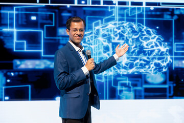 Poster - Smiling specialist talking at AI tech summit event gathering professionals seeking to discover latest AI solutions. Happy speaker presents how can AI be leveraged to accelerate innovation