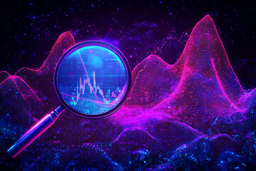 Poster - Abstract illustration of data analysis with a magnifying glass over digital graphs.