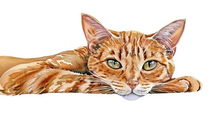 Wall Mural - Colorful tabby cat in a stunning watercolor style, showcasing its playful personality and unique fur patterns against a white backdrop.