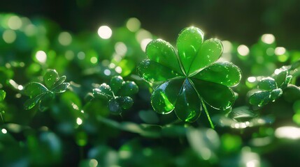 Poster - Close-up of a four-leaf clover with dew drops, surrounded by other clovers in a lush green field.