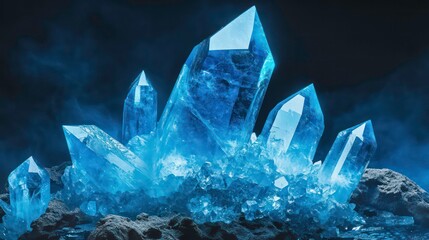 Poster - Glowing blue crystals cluster on dark rock, smoky background.