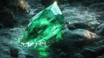 Poster - Luminous green crystal rests in a dark, rocky stream.