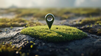 Poster - Metal location pin marker on patch of grass.