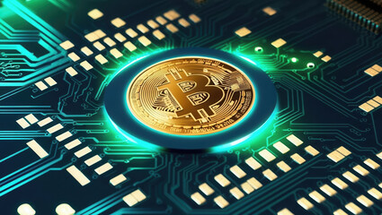 Poster - glowing circuit board featuring virtual currency logo at its center, ideal for text overlays