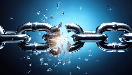 Poster - 3d illustrated chain breaking, symbolizing virtual asset risk with clean background, conveying stren