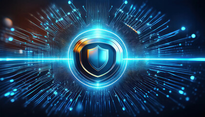 Poster - conceptual rendering of shield icon with glowing data streams, emphasizing security and protection